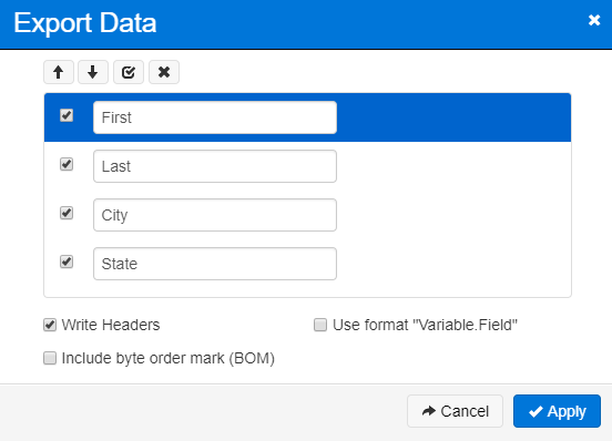 Export Data dialog showing each of the columns from the list box with a checkbox next to it.